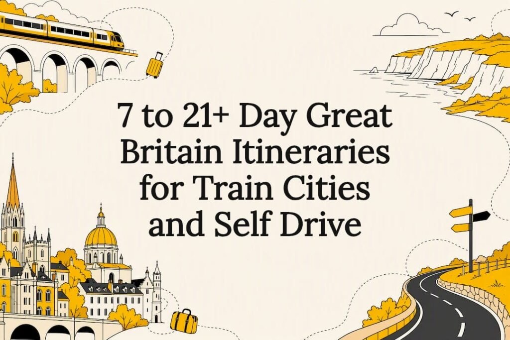 Great Britain train and road itinerary illustration