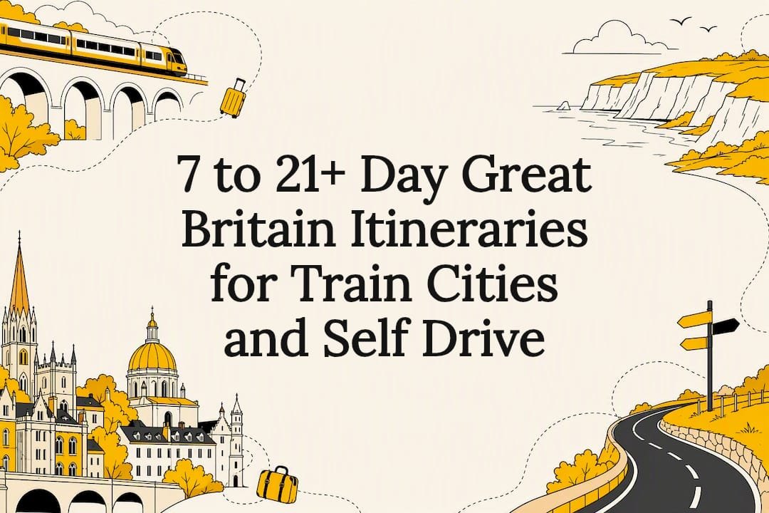 Great Britain train and road itinerary illustration