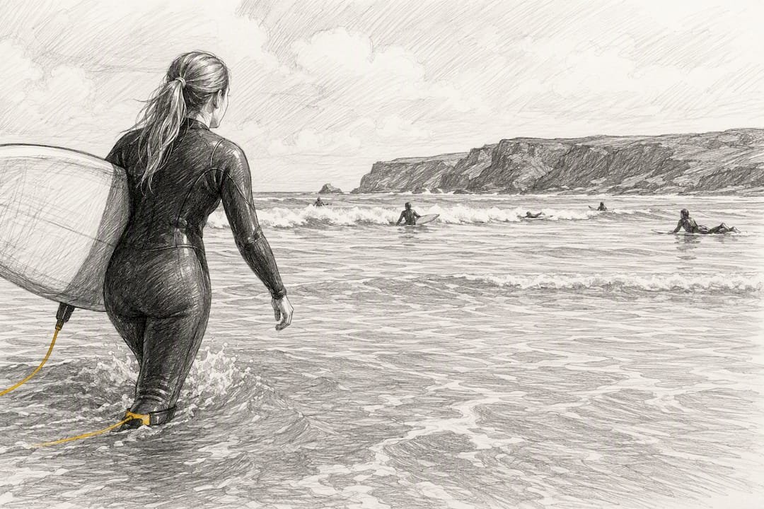 Beginner surfer entering Fistral Beach