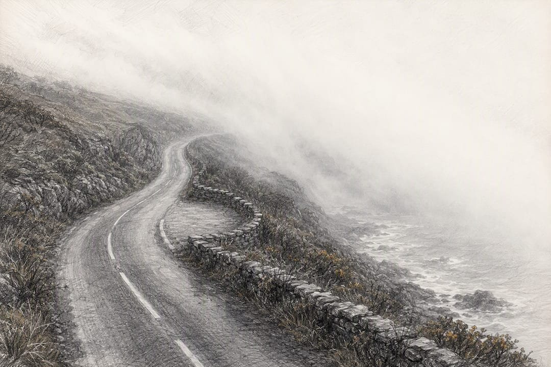 Sea fret reducing visibility on coastal road