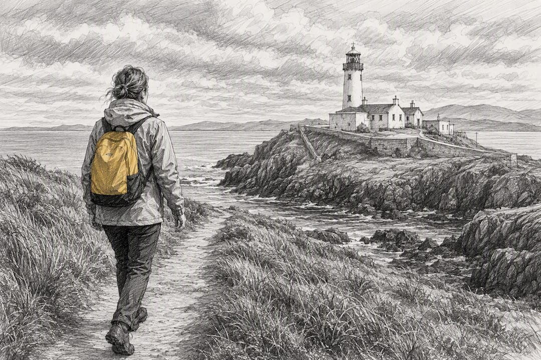Visitor walking toward Fanad Lighthouse
