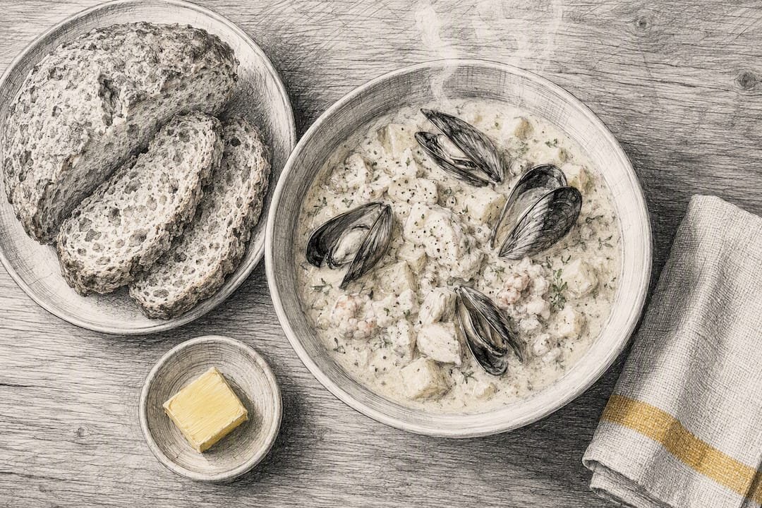 Seafood chowder and soda bread lunch