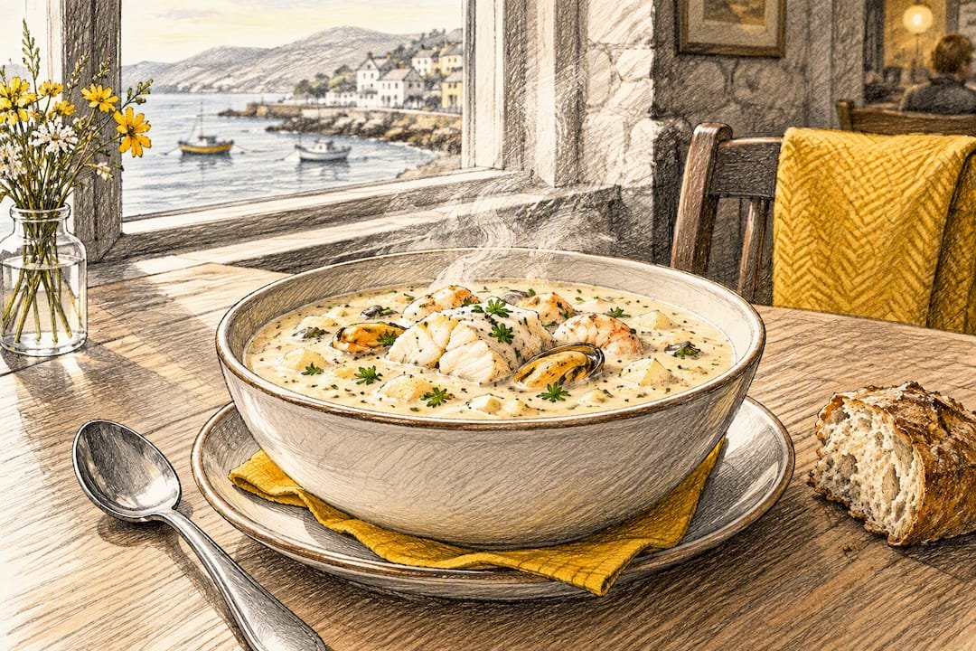 Seafood chowder served in a Clifden café