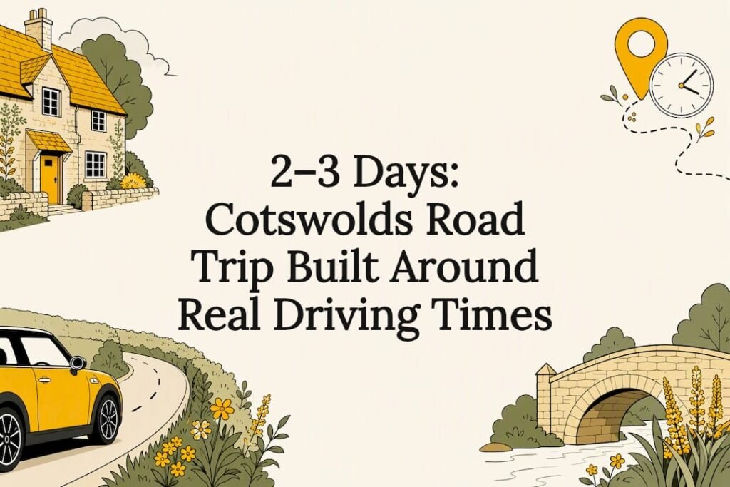 Decorative Cotswolds road trip title card