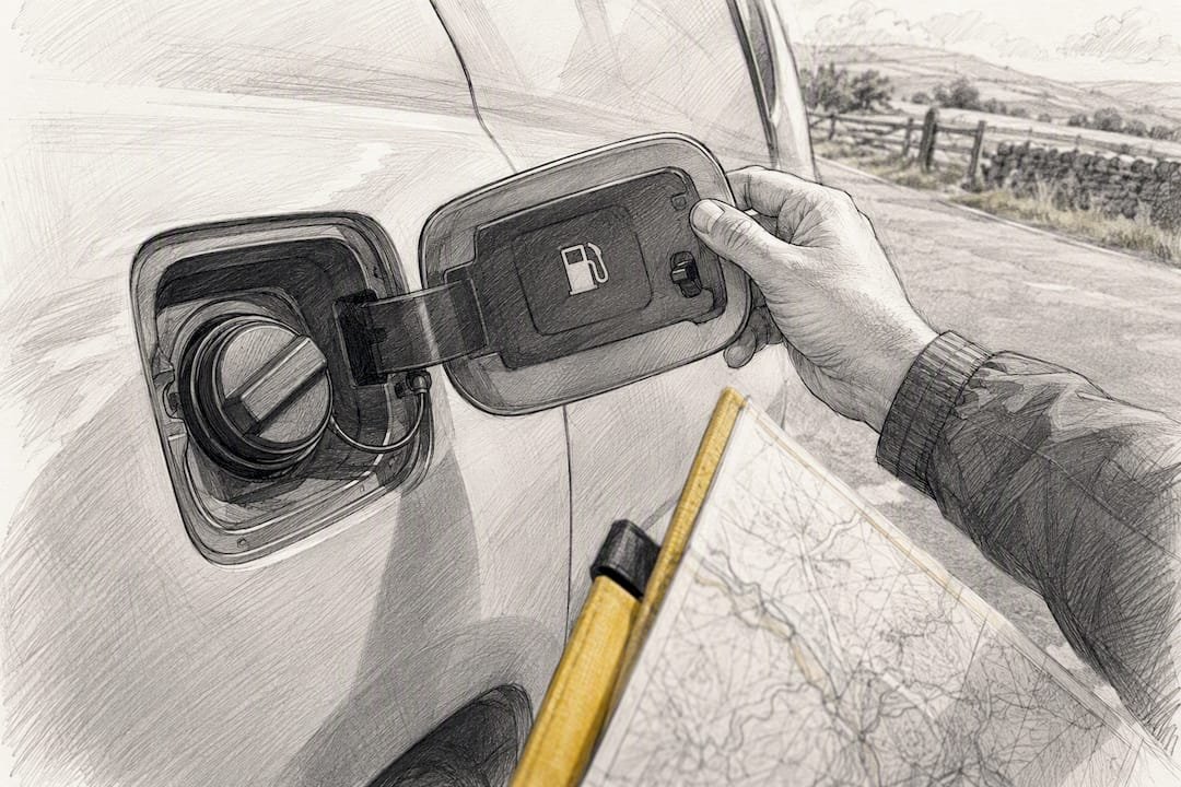 Traveller checking a vehicle fuel-cap symbol