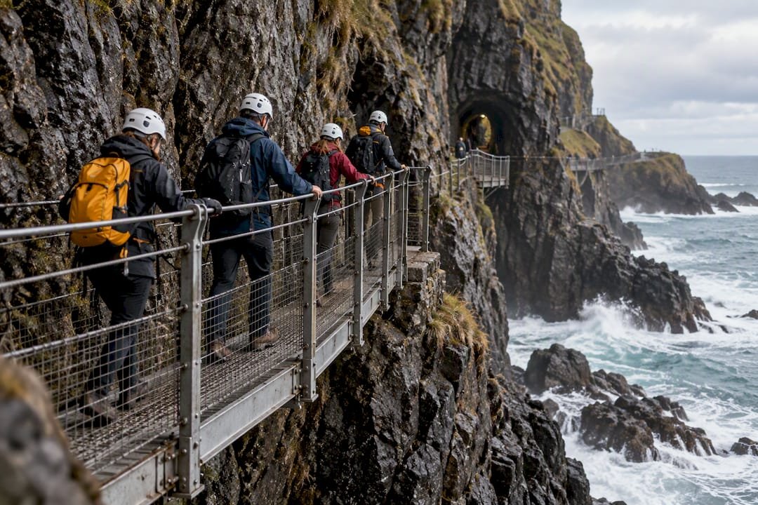 Walkers crossing Gobbins cliff bridge
