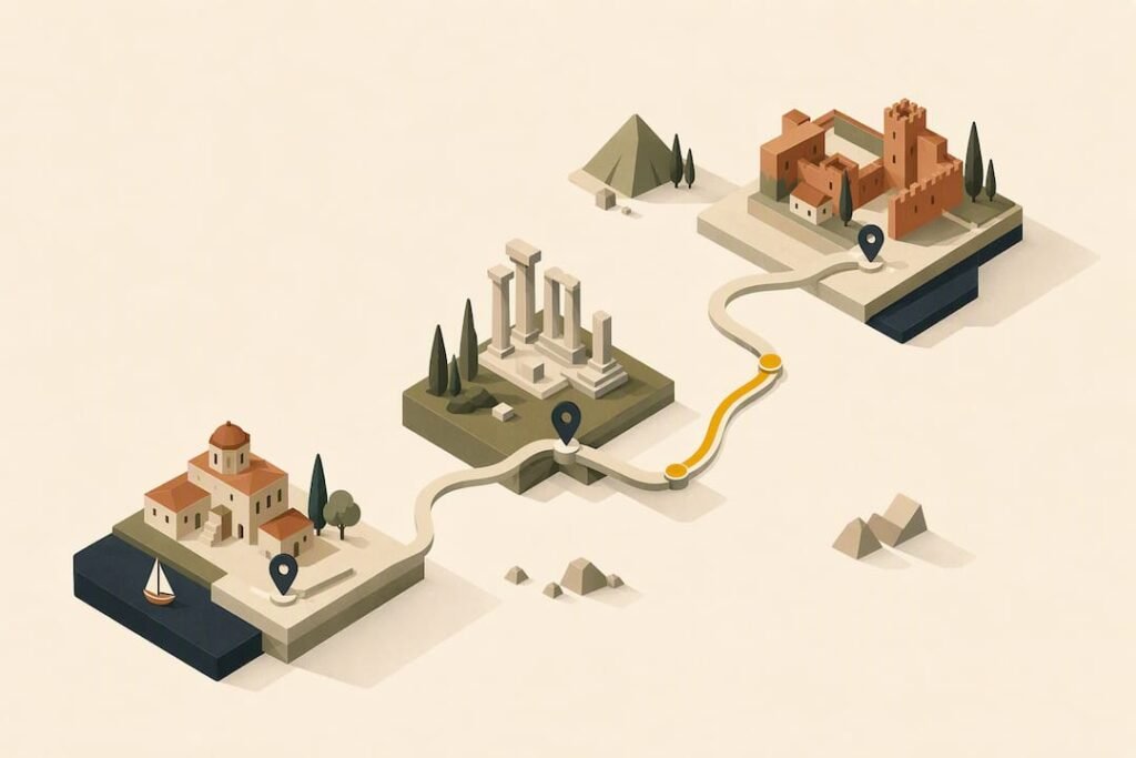 Isometric Peloponnese road trip route illustration