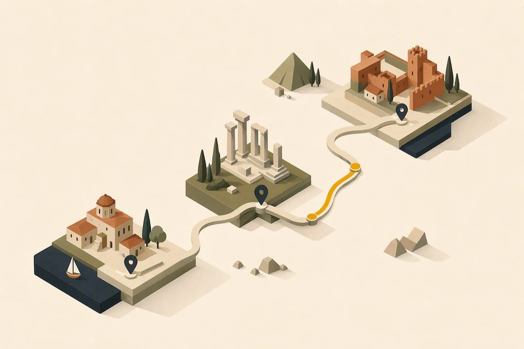 Isometric Peloponnese road trip route illustration