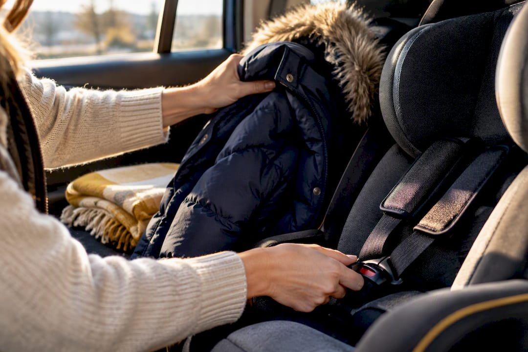 Hands checking harness over winter clothing