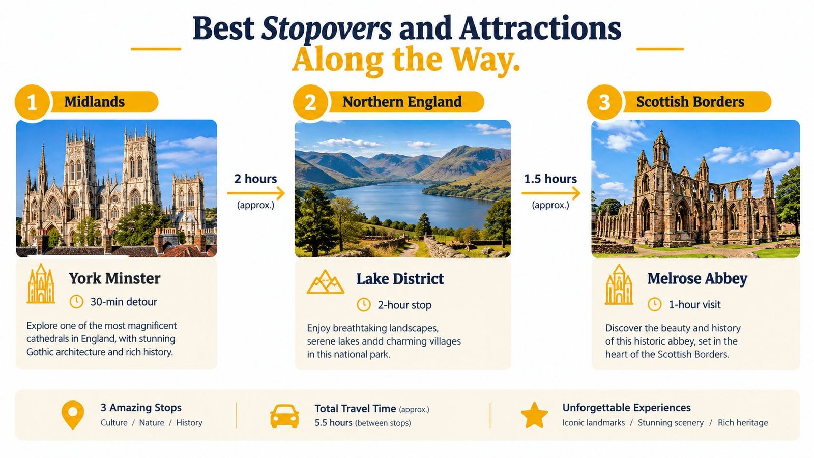 A travel itinerary infographic displaying three major sightseeing stops between London and Edinburgh, England and Scotland.