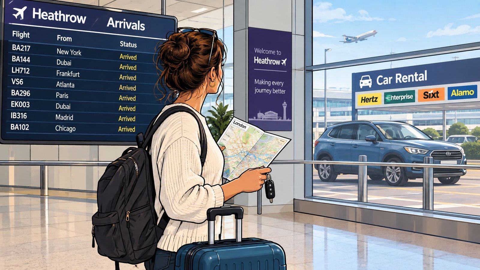 A traveler at Heathrow Airport holding a London map with a blue rental car parked outside.