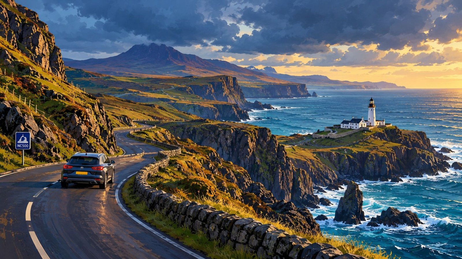 A modern car driving on a scenic coastal road in Scotland near a picturesque white lighthouse.