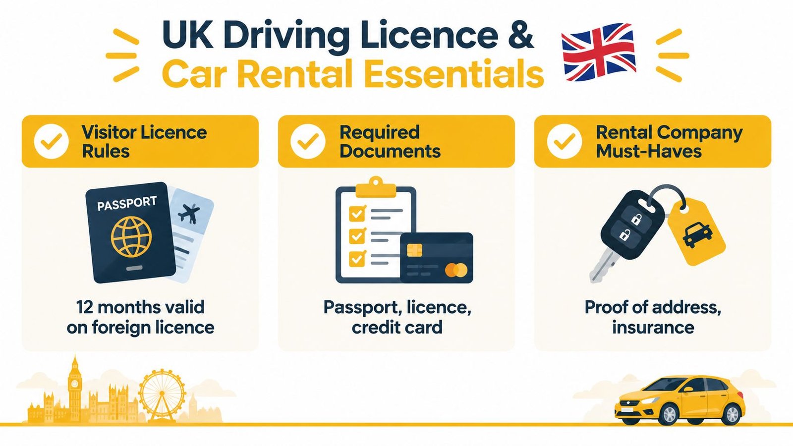 An infographic showing essential requirements for visitors renting a car and driving in the United Kingdom.