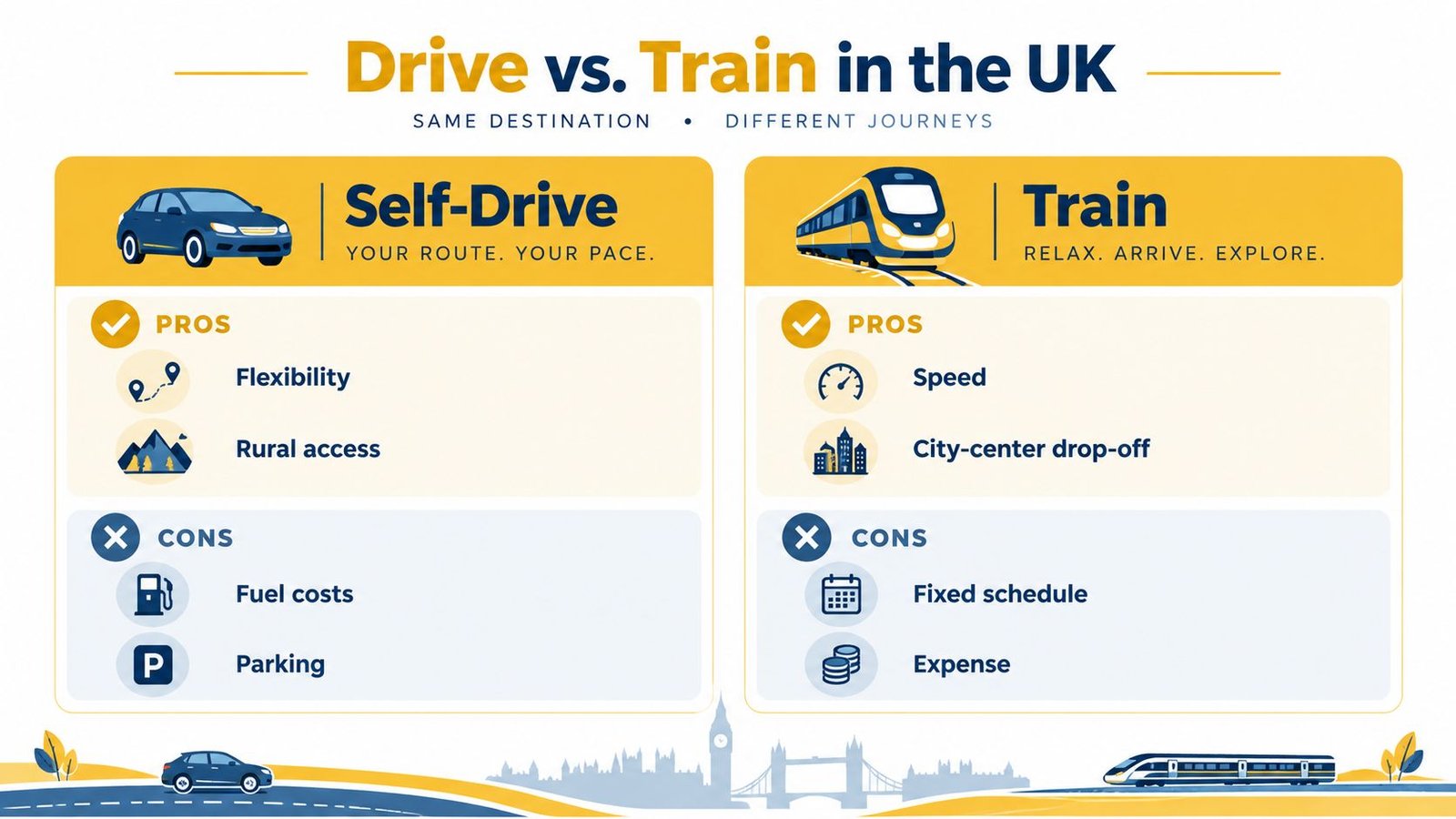 A comparison infographic showing the pros and cons of self-driving versus train travel in the UK.