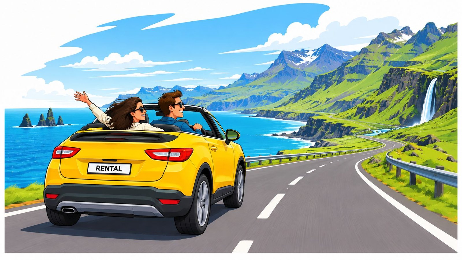 A couple in a yellow convertible car enjoying a scenic road trip along the coast of Iceland.