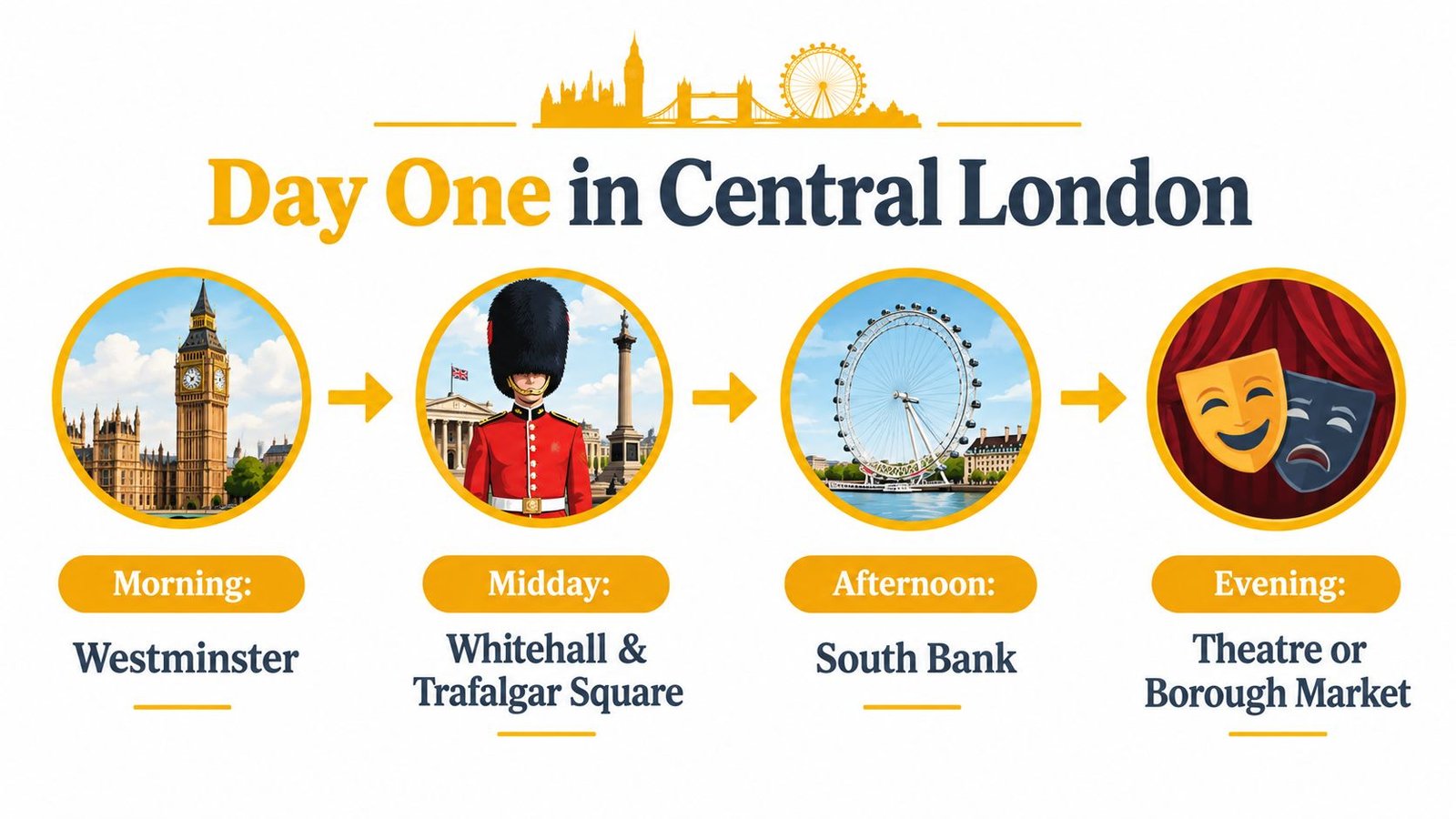 A travel itinerary graphic for day one in Central London showing major tourist attractions by time.