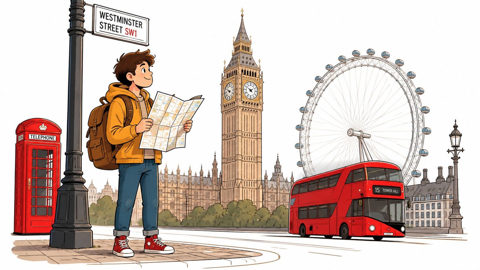 A cartoon illustration of a young traveler looking at a map in front of London landmarks.