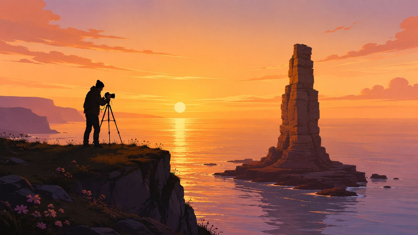 A photographer capturing a sunset over a rugged sea stack on a scenic coastal cliff edge.