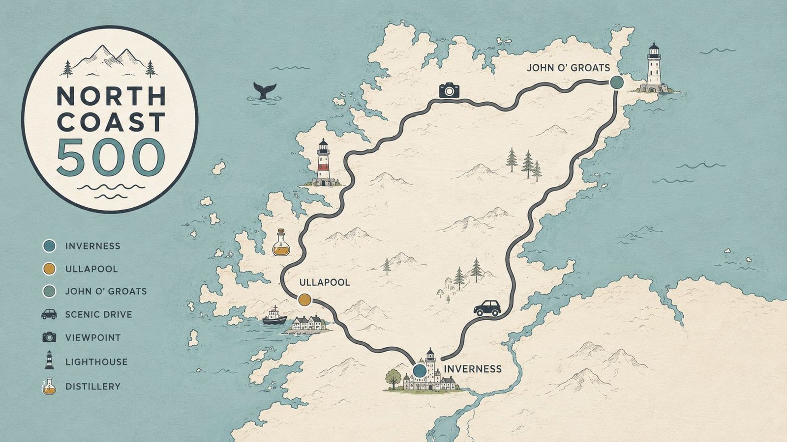 A map showing the North Coast 500 route in Scotland, featuring landmarks like Inverness, Ullapool, and John O' Groats.