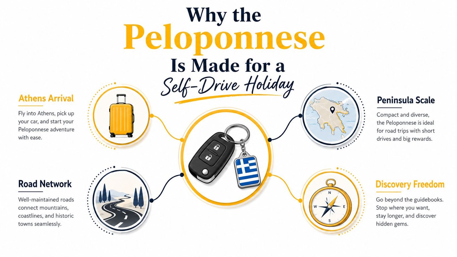 An infographic titled Why the Peloponnese Is Made for a Self-Drive Holiday featuring travel-related icons and descriptions.