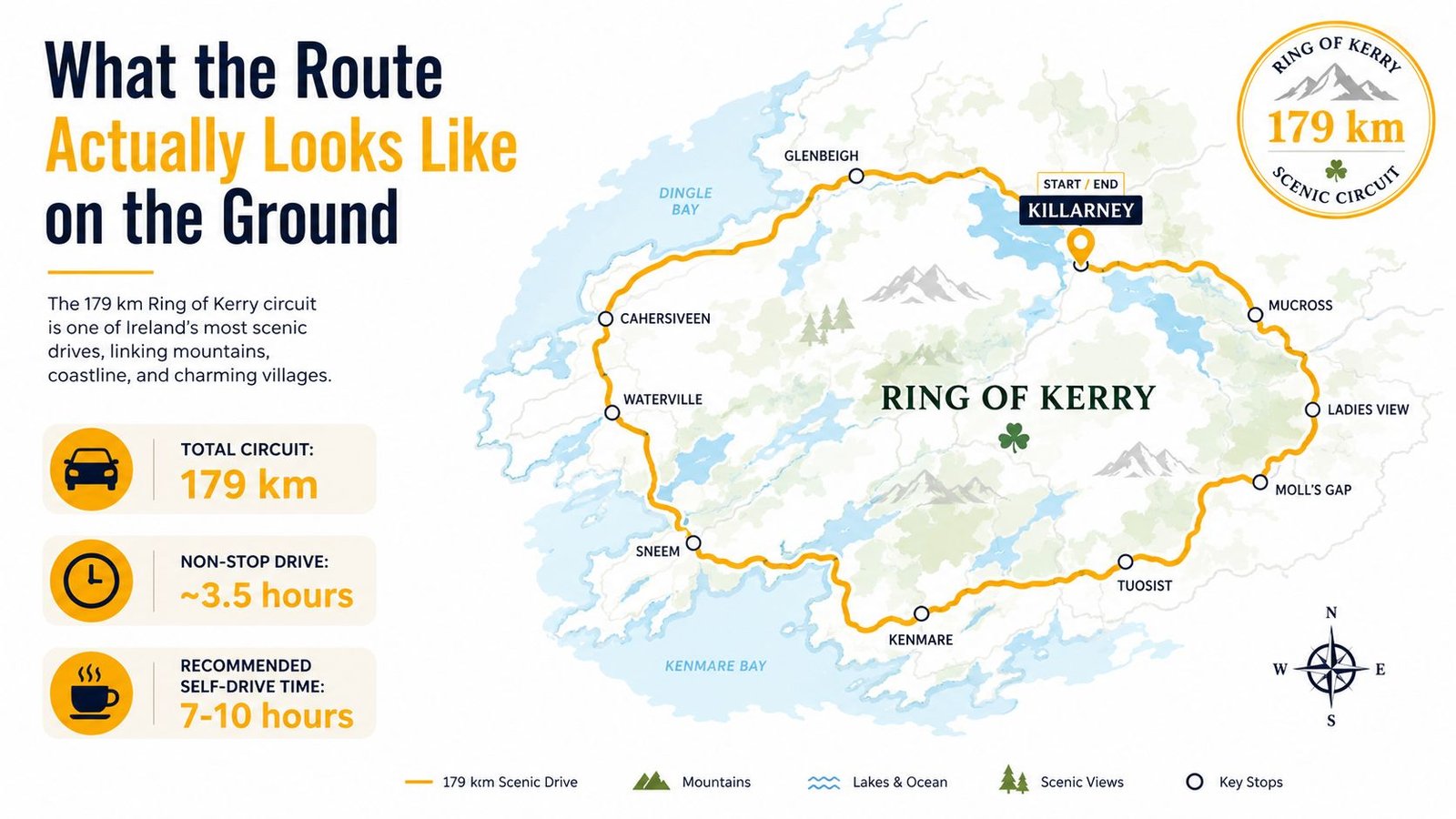 A map showing the 179 km Ring of Kerry scenic circuit in Ireland with major route stops.