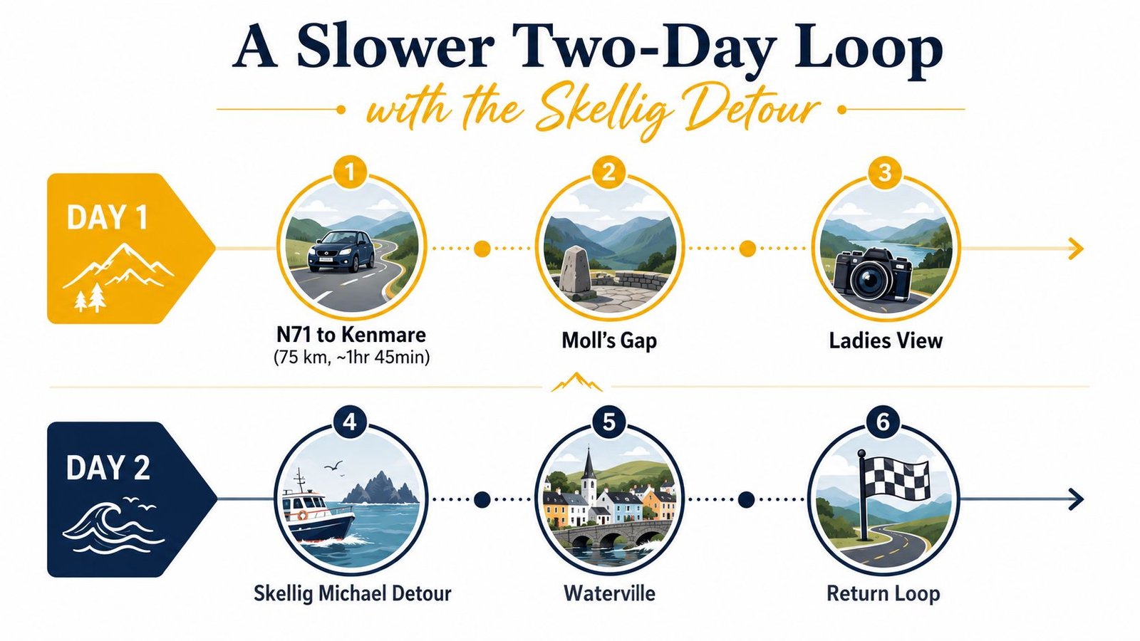 A travel infographic titled A Slower Two-Day Loop featuring stops along the Ring of Kerry route.