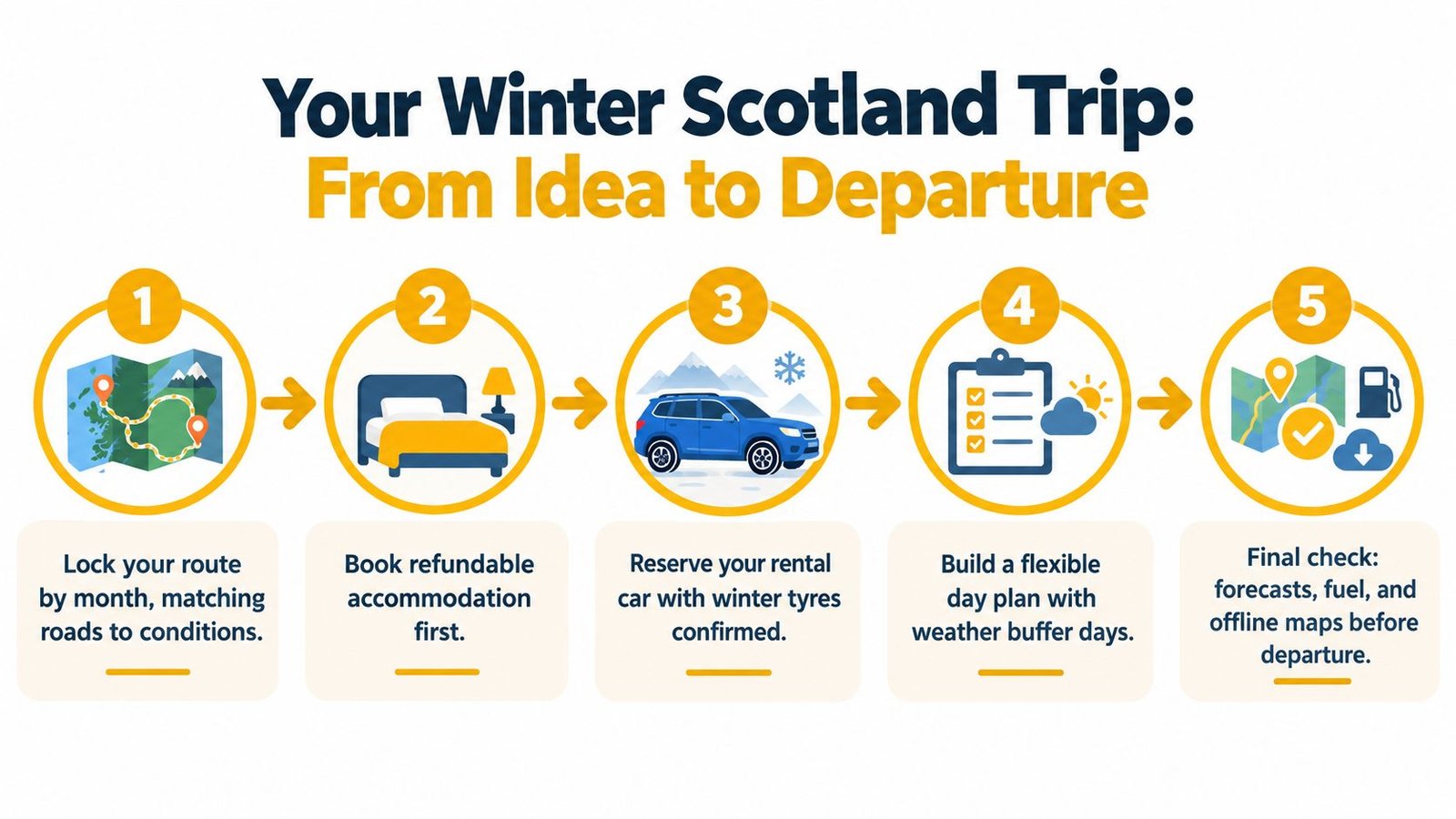 A step-by-step infographic titled Your Winter Scotland Trip outlining five essential stages from planning to departure.