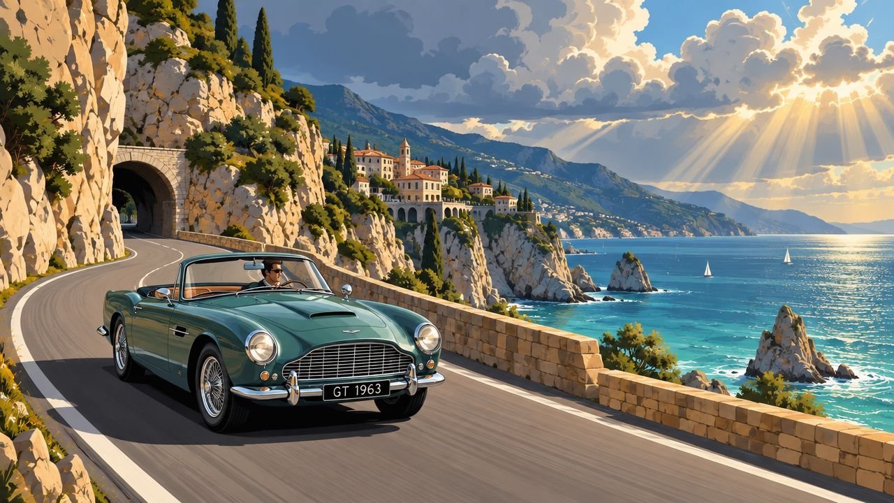 A classic green convertible sports car drives along a scenic coastal road near a Mediterranean village at sunset.
