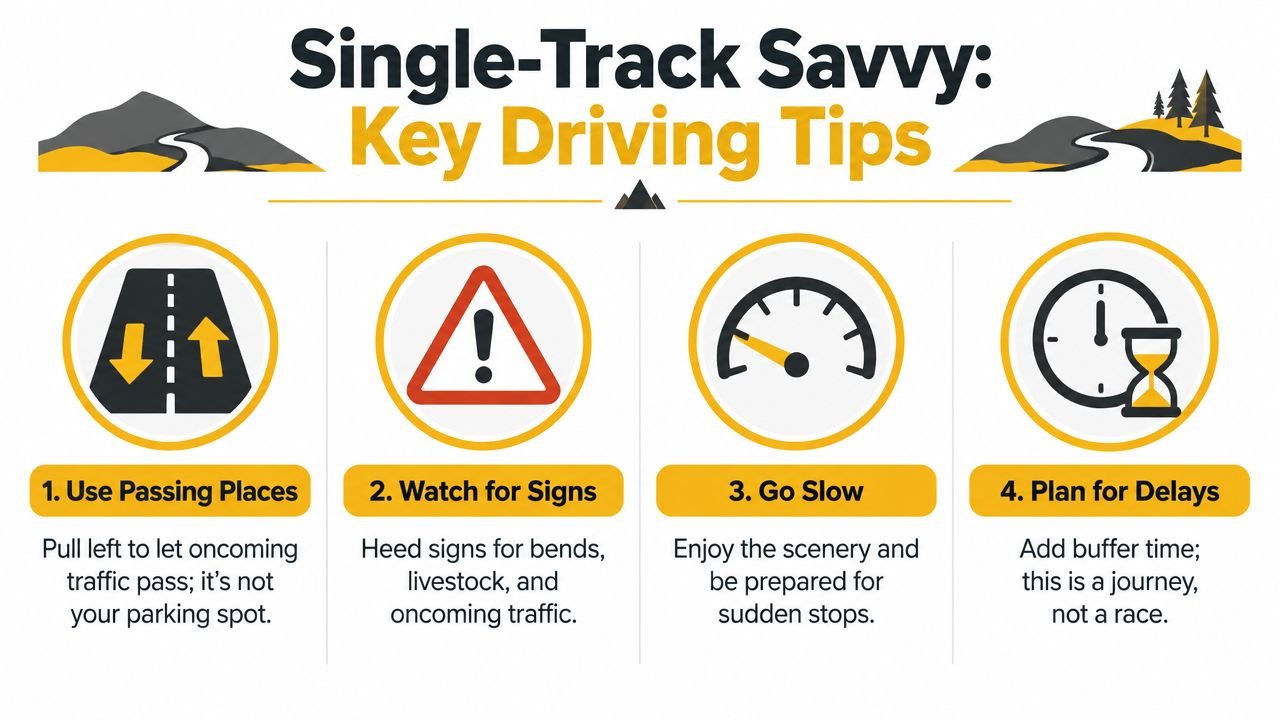 An infographic titled Single-Track Savvy listing four key tips for driving on single-track roads safely.