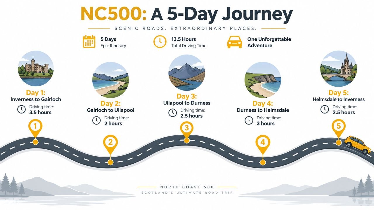 A colorful infographic illustrating a five-day road trip itinerary for the North Coast 500 in Scotland.