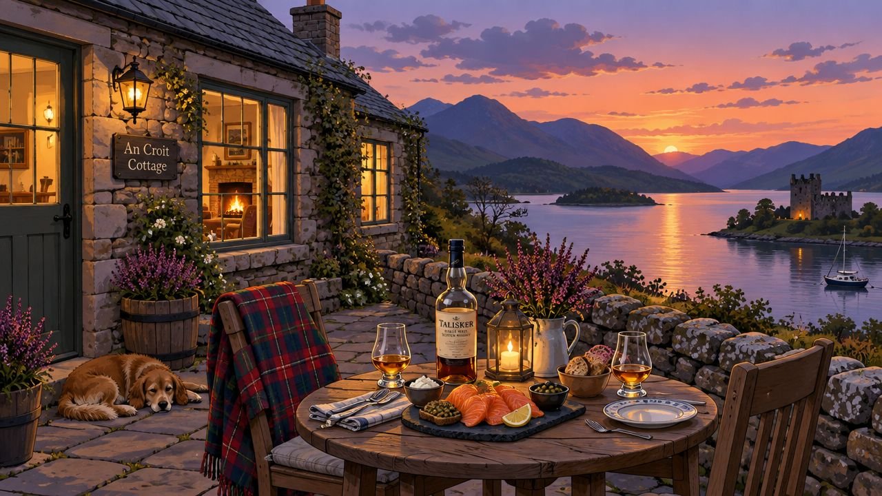 A scenic sunset view from a cozy stone cottage terrace in Scotland overlooking a lake and castle.