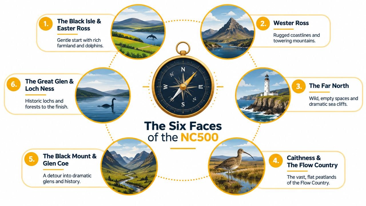 A diagram illustrating the six scenic regions of Scotland's North Coast 500 driving route arranged around a compass.