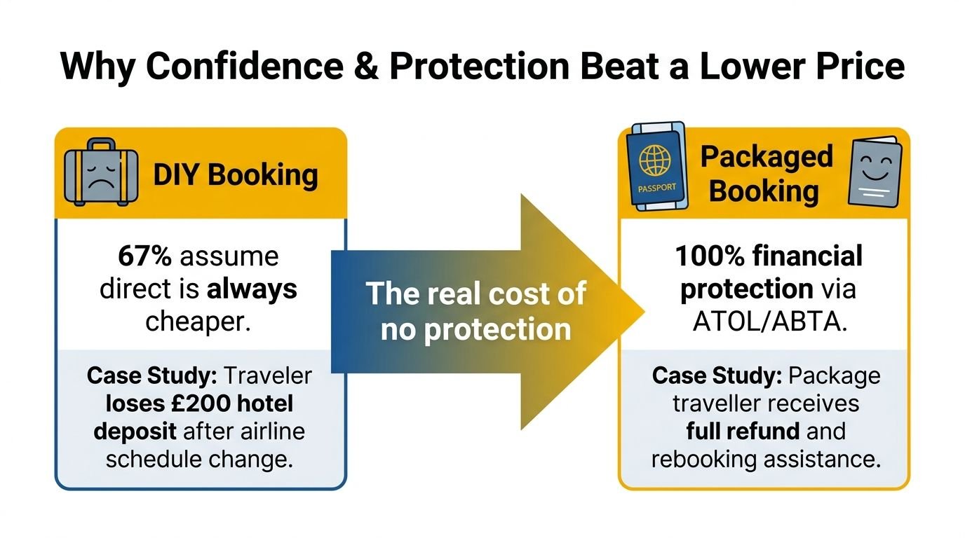 An infographic comparing the risks of DIY travel bookings versus the financial protection of package holidays.